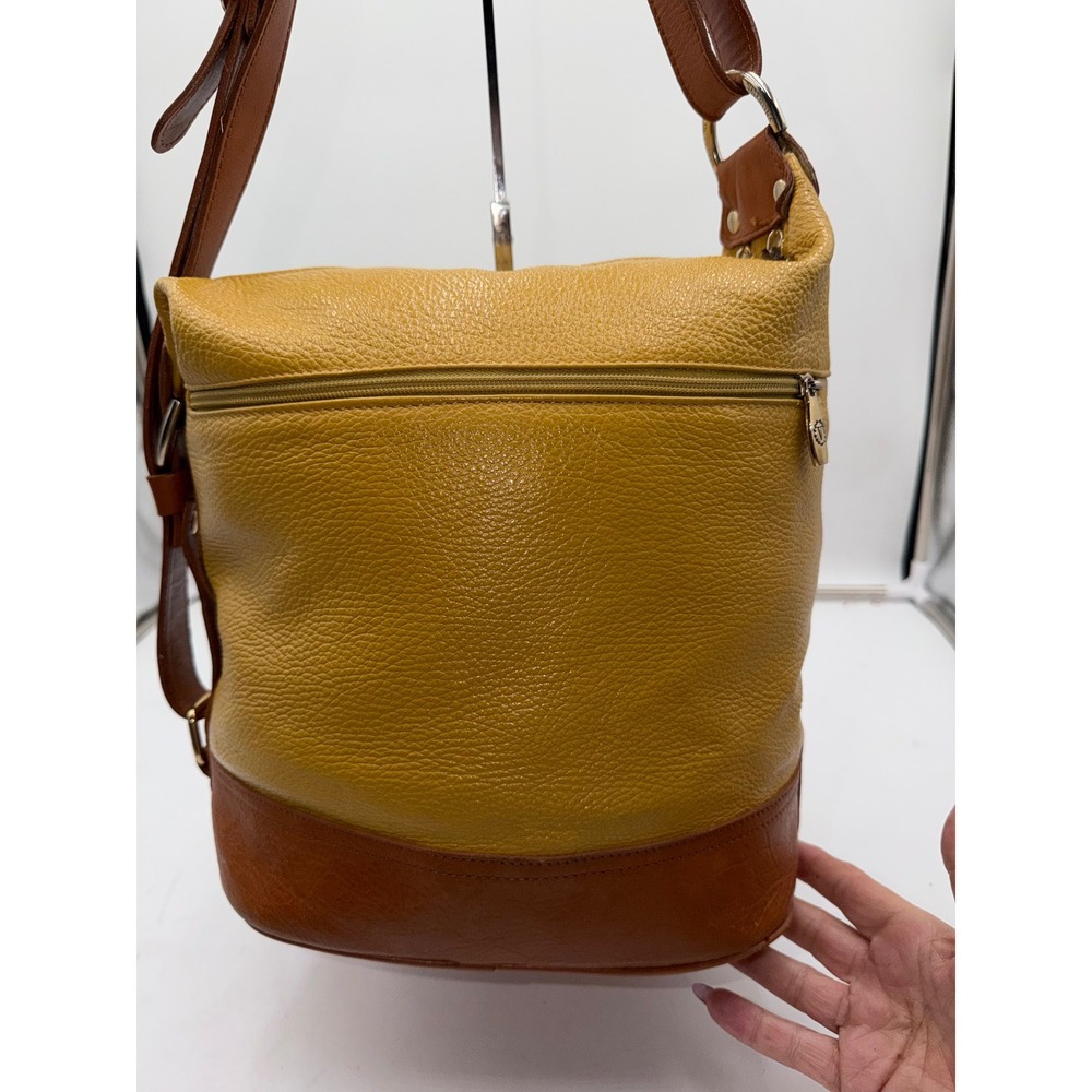 Valentina Italia Leather Shoulder Bag Mustard Yellow Cognac Brown Gold Hardware - Picture 10 of 16